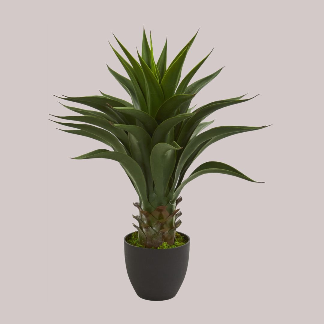 Artificial agave plant in a black round planter with a combined height of 28 inches