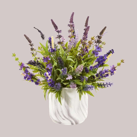 Artificial lavender arrangement in a marble vase with a combined height of 15 inches