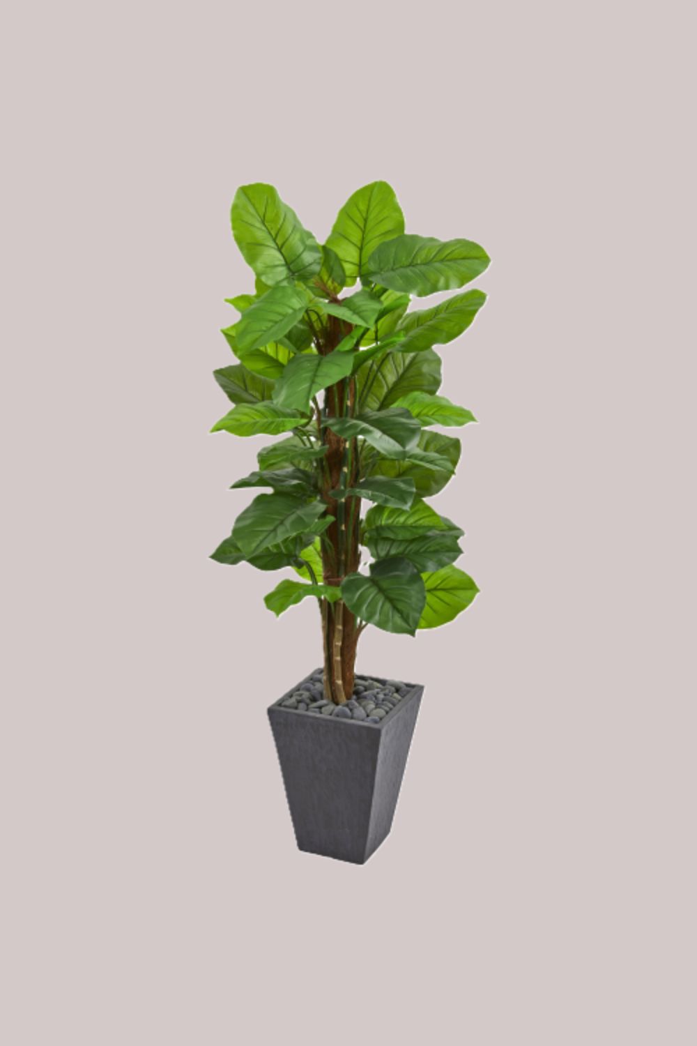 Artificial large leaf philodendron plant in a gray square planter