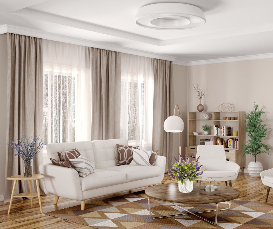 lavender arrangement with marble vase in neutral living room setting