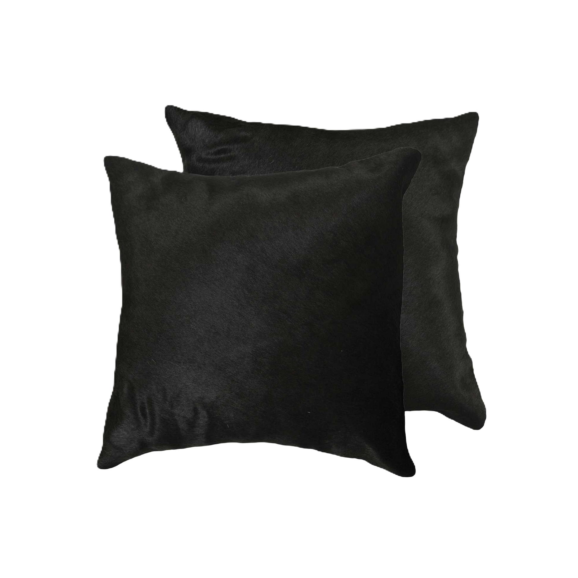 two solid black cowhide 18" throw pillows