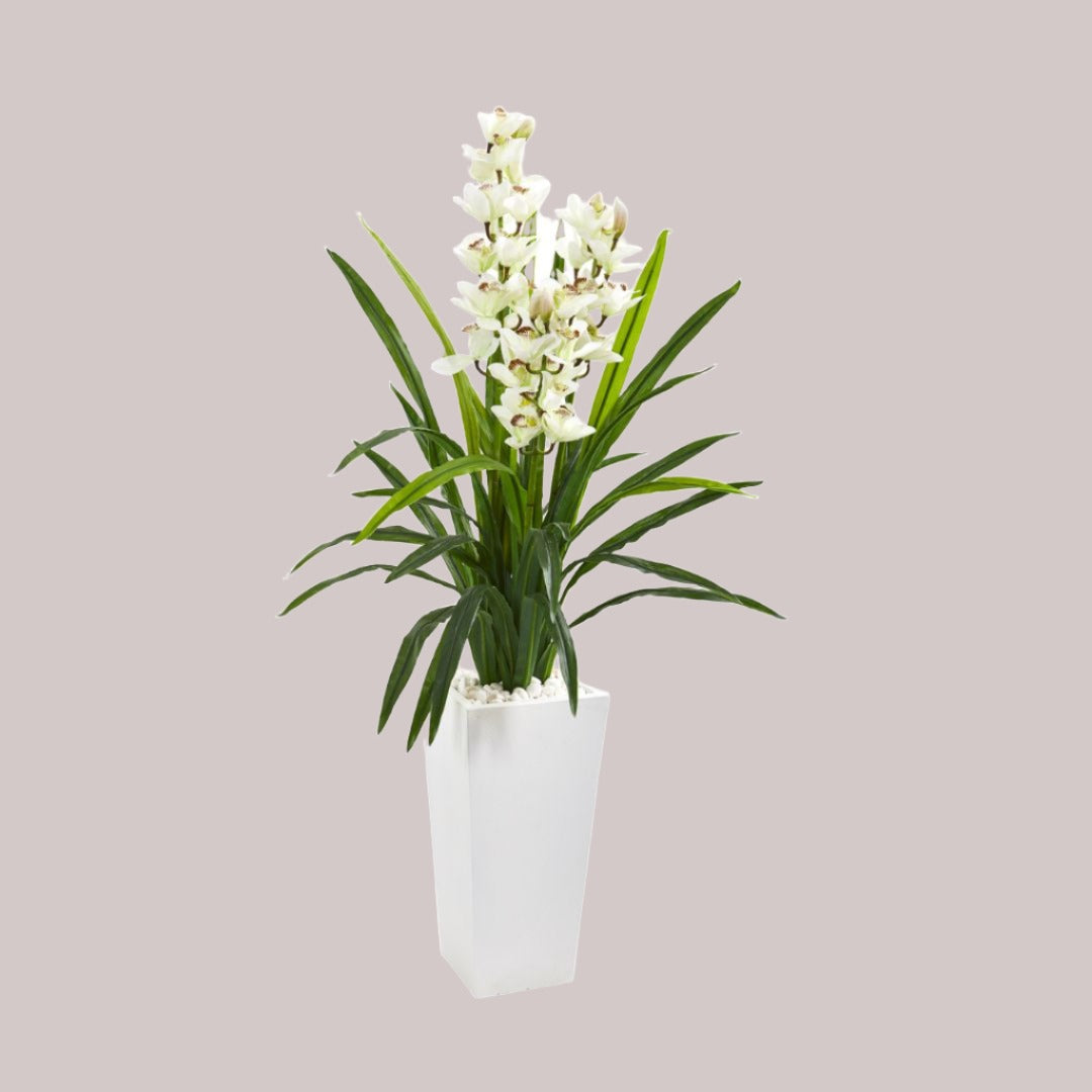 Artificial white orchid in a tall white planter 4.5 feet tall