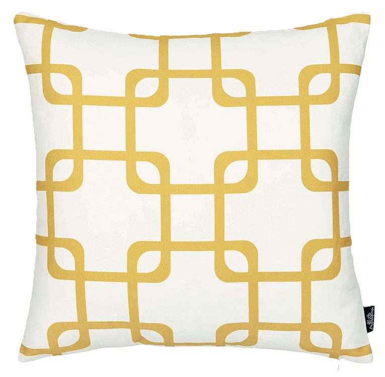 white 18 inch throw pillow with a yellow interlocking geometric pattern