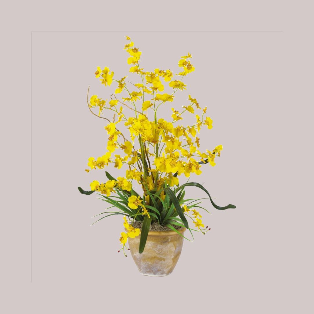 Yellow silk orchids in a ceramic pot styled in a dancing lady arrangement with a combined height of 26 inches