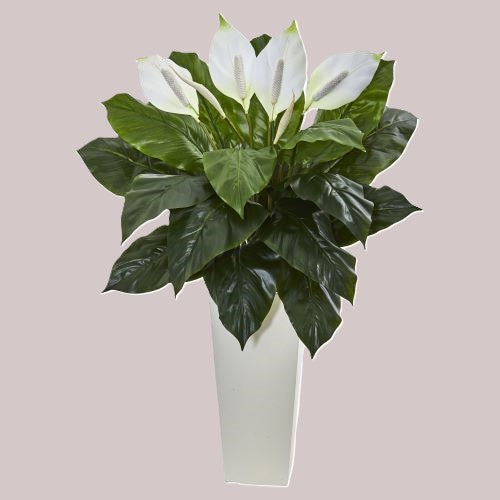 Peace Lily (Spathiphyllum) Artificial Plant in White Tower Planter