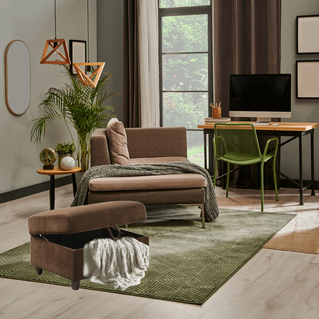 chocolate velvet ottoman with hinged storage placed in a contemporary style office 