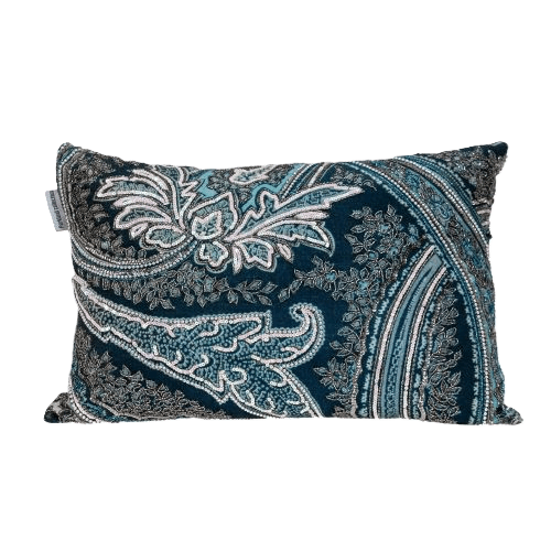 Teal beaded and embroidered lumbar throw pillow