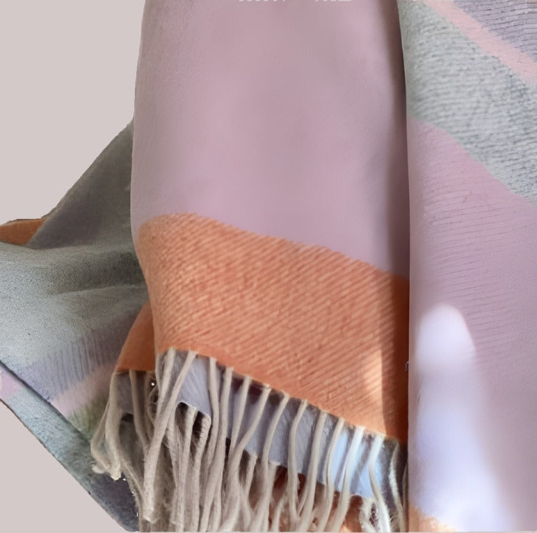 Pastel wool, woven throw blanket, fringe view