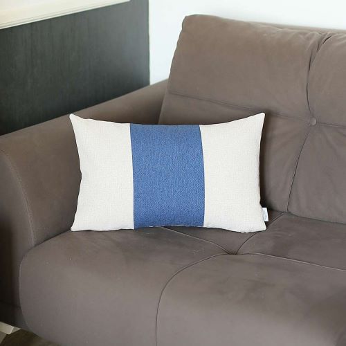 Polyester white lumbar pillow with a blue midsection