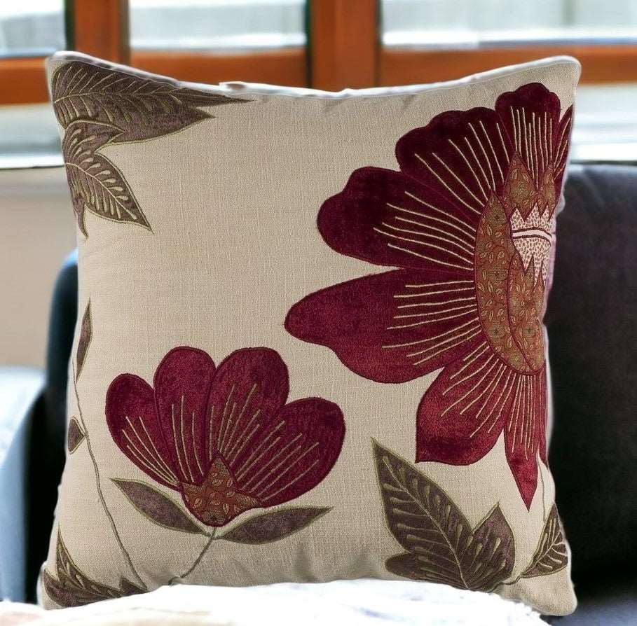 Embroidered scarlet and tan floral throw pillow