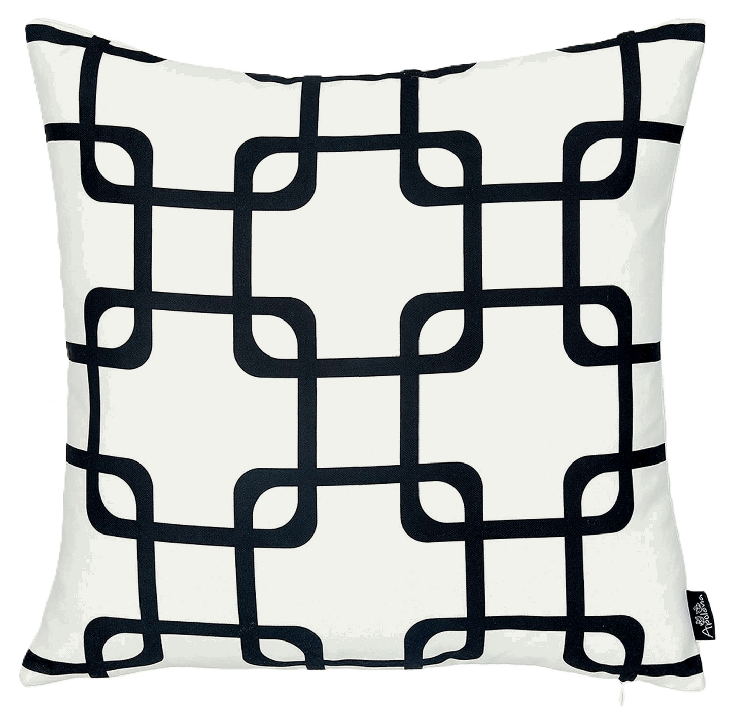 white 18 inch throw pillow with a black interlocking geometric pattern