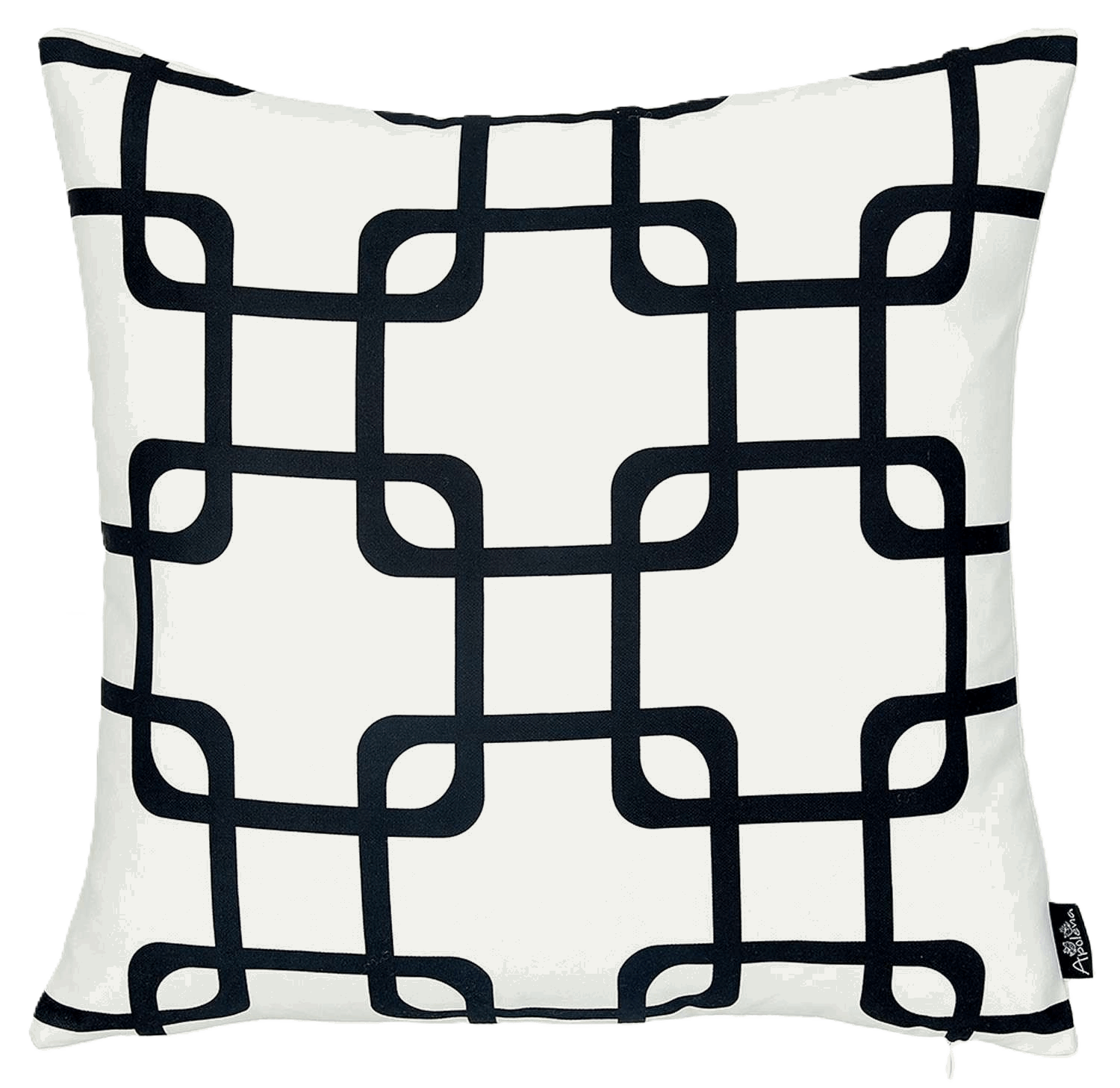 white 18 inch throw pillow with a black interlocking geometric pattern