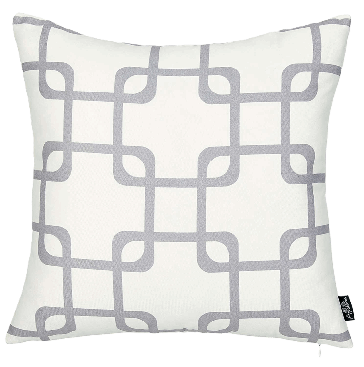 white 18 inch throw pillow with a gray interlocking geometric pattern